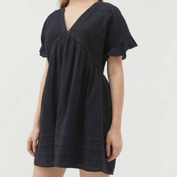 Urban Outfitters Venus Cotton Smock V Neck Mini Frock Dress Tunic Black Large - Picture 1 of 10